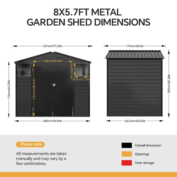Living and Home 8x5.5 Double Hinged Metal Apex Shed with Windows - Anthracite Black - Image 7