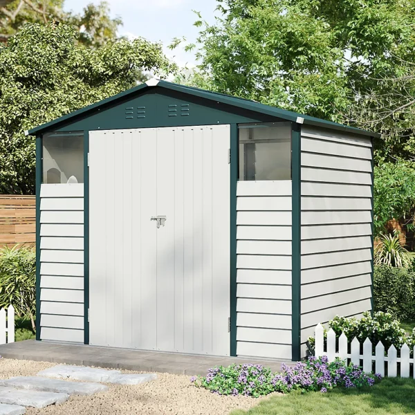 Living and Home 8x5.5 Double Hinged Metal Apex Shed with Windows - White and Green