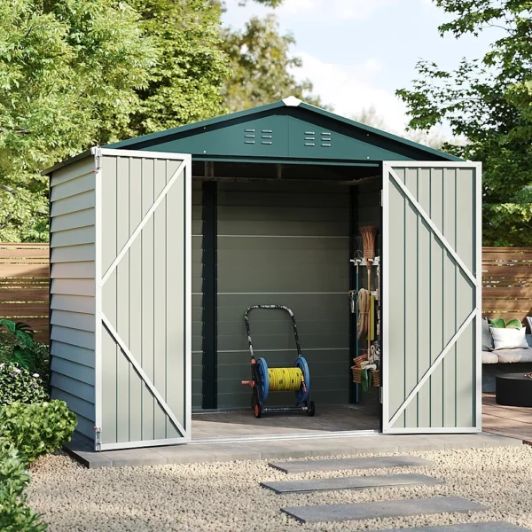 Living and Home 8x5.5 Double Hinged Metal Apex Shed with Windows - White and Green - Image 3