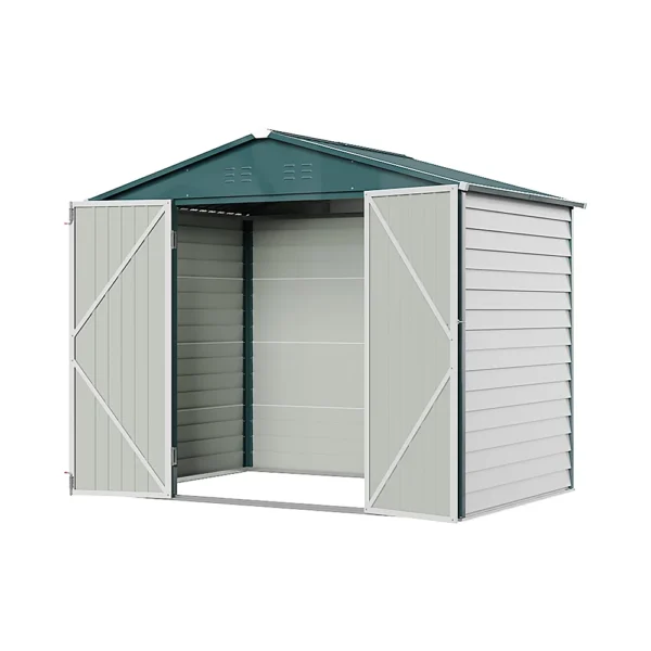 Living and Home 8x5.5 Double Hinged Metal Apex Shed with Windows - White and Green - Image 4
