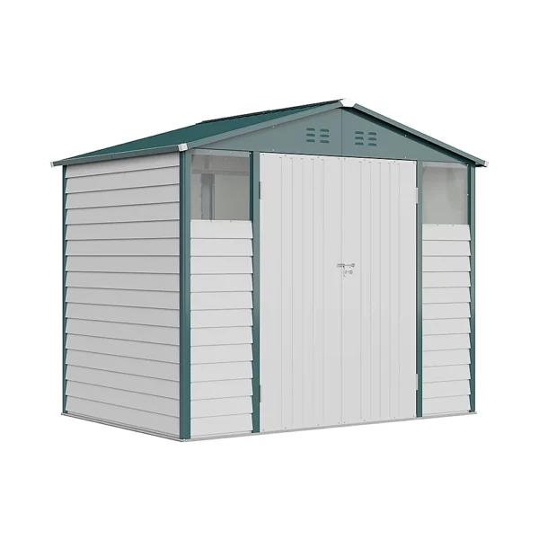 Living and Home 8x5.5 Double Hinged Metal Apex Shed with Windows - White and Green - Image 5
