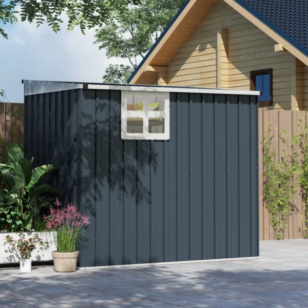 Outsunny 4ft x 6ft Lean To Metal Garden Shed with Window - Dark Grey - Image 8