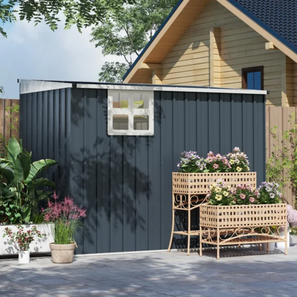Outsunny 4ft x 7.5ft Lean To Metal Garden Shed with Window - Dark Grey - Image 6