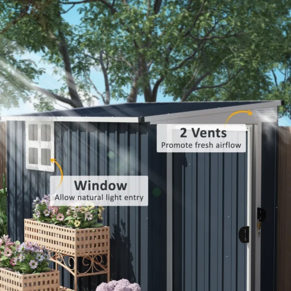 Outsunny 4ft x 7.5ft Lean To Metal Garden Shed with Window - Dark Grey - Image 8
