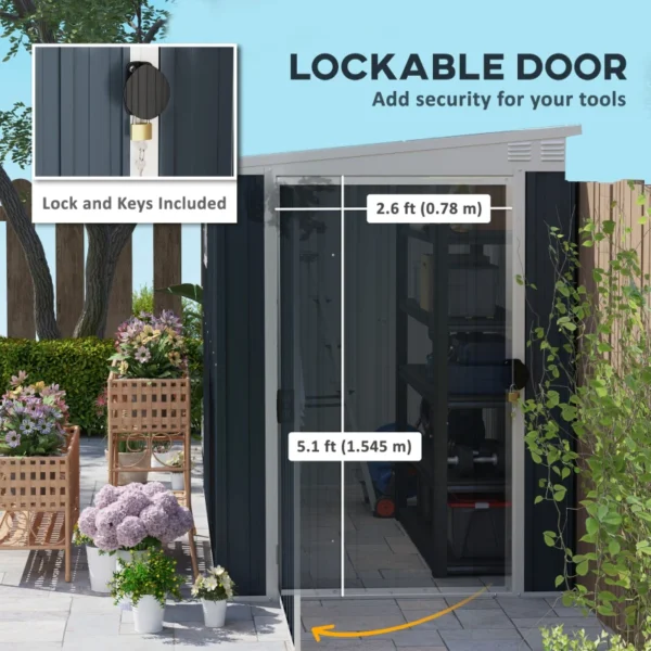 Outsunny 4ft x 7.5ft Lean To Metal Garden Shed with Window - Dark Grey - Image 9