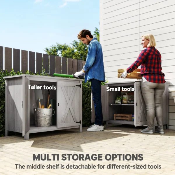 Outsunny Fir Wood Timber Storage Cupboard with Shelf and Double Door - Light Grey - Image 3