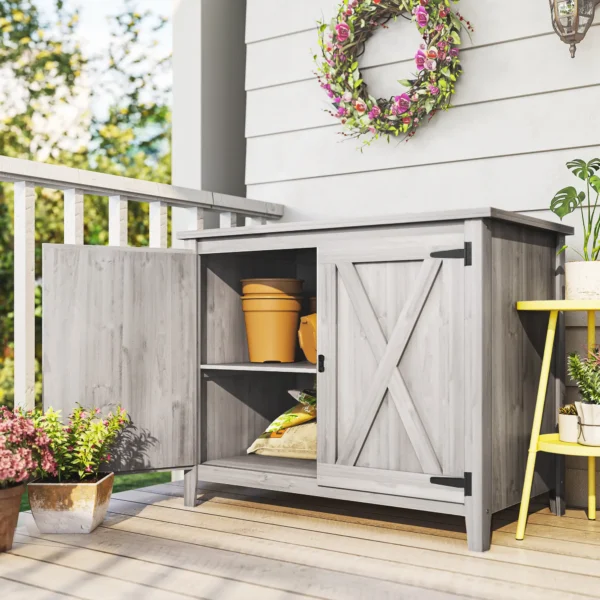 Outsunny Fir Wood Timber Storage Cupboard with Shelf and Double Door - Light Grey - Image 10