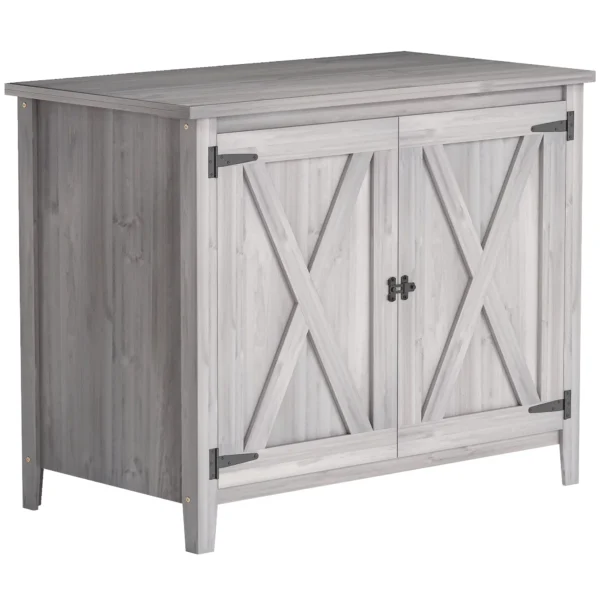 Outsunny Fir Wood Timber Storage Cupboard with Shelf and Double Door - Light Grey - Image 5