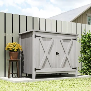 Outsunny Fir Wood Timber Storage Cupboard with Shelf and Double Door - Light Grey
