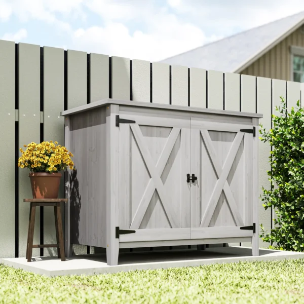 Outsunny Fir Wood Timber Storage Cupboard with Shelf and Double Door - Light Grey
