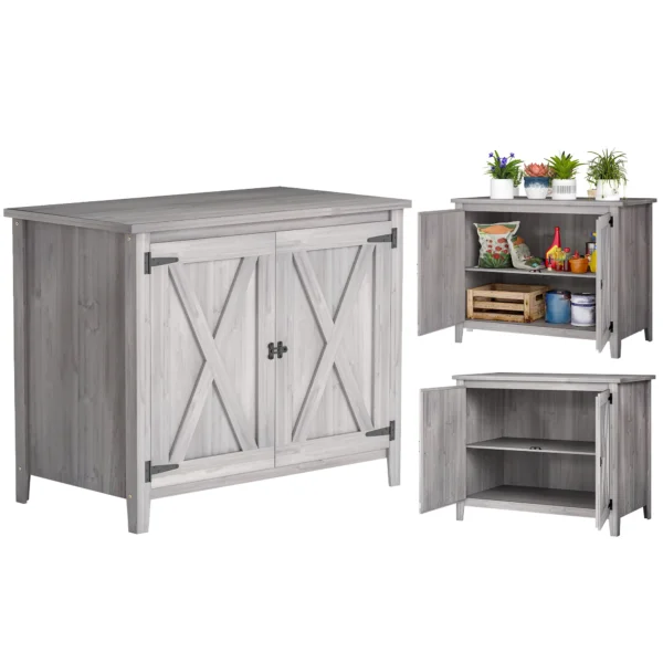 Outsunny Fir Wood Timber Storage Cupboard with Shelf and Double Door - Light Grey - Image 8