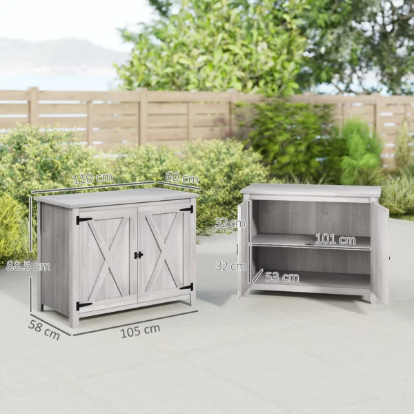 Outsunny Fir Wood Timber Storage Cupboard with Shelf and Double Door - Light Grey - Image 11