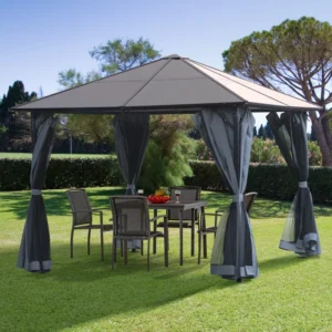Outsunny 10'x10' Hardtop Metal Gazebo with Netting Drapes and Curtains -  Black