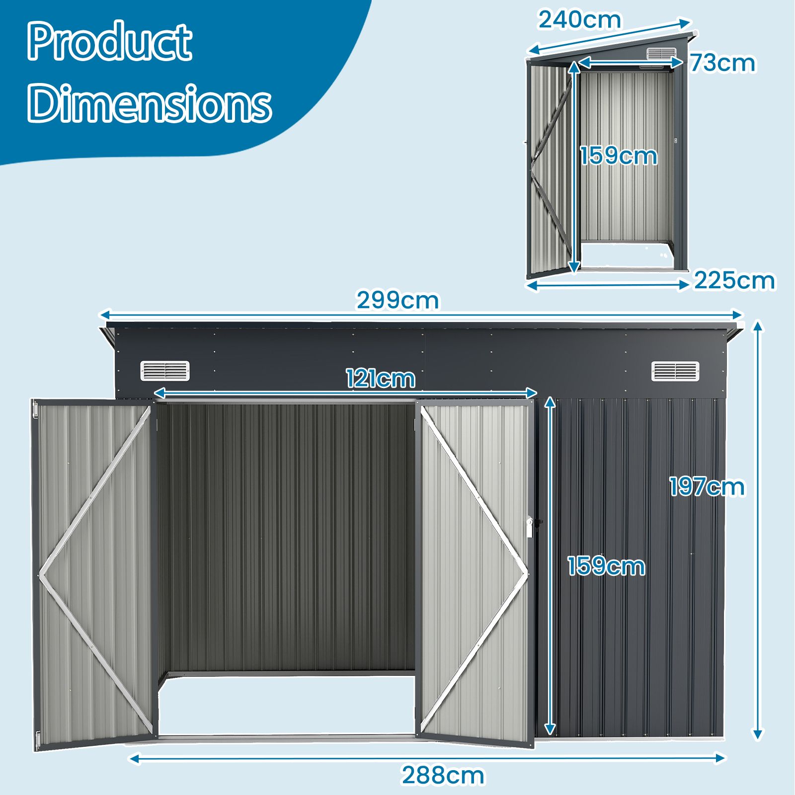 Pro-Tect 9.5'x7' Dual Entrance Metal Lean To Shed - Dark Grey - Image 2