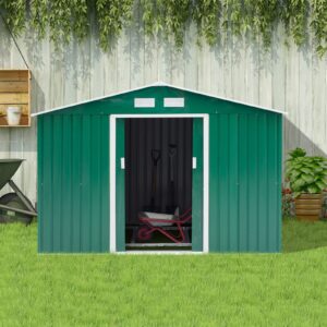 Outsunny 9ft x 6ft Metal Garden Shed - Green with Foundation Grid.