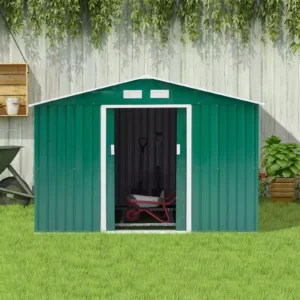 Outsunny 9ft x 6ft Metal Garden Shed - Green with Foundation Grid.