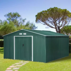 Outsunny 13ft x 11ft Metal Garden Shed with Foundation Grid -Green