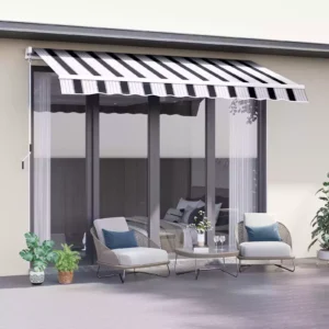 Outsunny 8'x6.5' Manual Window Awning - Blue/White Stripes