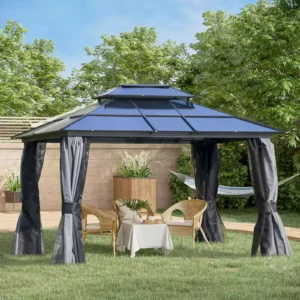 Outsunny 10x12 Aluminium Gazebo Two Tier with Mesh and Curtains - Grey