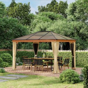 Outsunny 10'x12' Aluminium Hard Top Gazebo with Mesh and Curtains - Kakhi