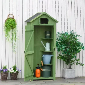 Outsunny Timber Garden Storage Shed 3 Shelves Tool House- Dark Green