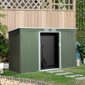 Outsunny 9ft x 4ft Metal Pent Garden Shed - Olive Green with Foundation Grid.
