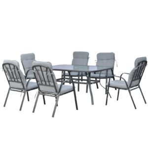 Outsunny 7 Piece Garden Dining Set with Tempered Glass Top Table - Black