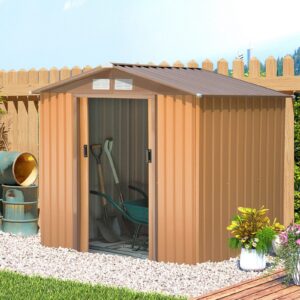 Outsunny 7ft x 4ft Metal Garden Shed - Brown with Foundation Grid