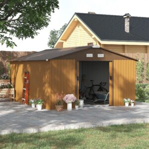 Outsunny 13ft x 11ft Metal Garden Shed with Foundation Grid -Brown.
