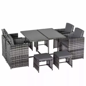 Outsunny 9 Piece Rattan Outdoor Patio Dining Table Set - Mixed Grey