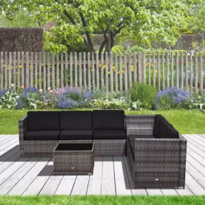 Outsunny 6-Seater Garden Rattan Furniture Patio Sofa and Table Set - Grey