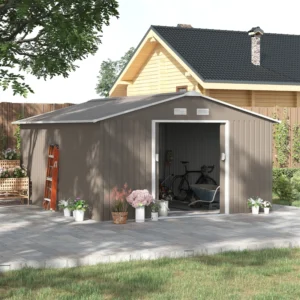 Outsunny 13'x11' Metal Storage Shed with Foundation Grid - Light Grey