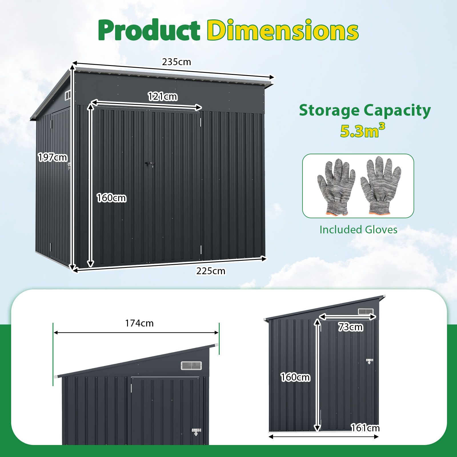 Pro-Tect 7.5'x5' Dual Entrance Metal Lean To Shed - Dark Grey - Image 2