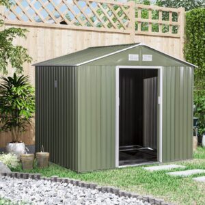 Outsunny 9ft x 6ft Metal Garden Shed - Olive Green with Foundation Grid