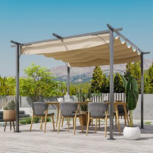 Outsunny 10x10 Metal Pergola Gazebo with Retractable Canopy - Beige