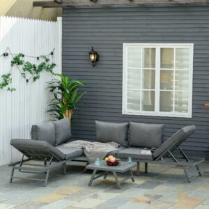 Outsunny 3 Piece Metal Garden Seating Set with Convertible Sofa - Grey