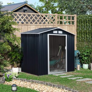 Outsunny 7ft x 4ft Metal Garden Shed - Dark Grey with Foundation Grid