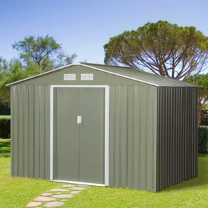 Outsunny 9ft x 6ft Metal Garden Shed - Olive Green with Foundation Grid.