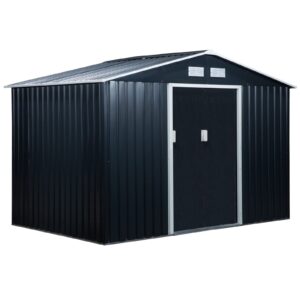 Outsunny 9ft x 6ft Metal Garden Shed - Dark Grey with Foundation Grid