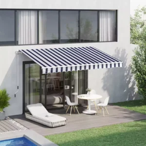 Outsunny 11'x8' Manual Window Awning - Blue/White Stripes