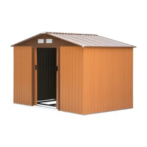 Outsunny 9ft x 6ft Metal Garden Shed - Brown with Foundation Grid