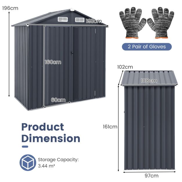 Pro-Tect 6x3 Metal Apex Double Hinged Shed with Foundation Grid - Dark Grey - Image 2