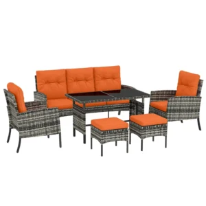 Outsunny 6 Piece Rattan Garden Furniture Set with Dining Table - Orange