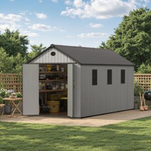 Living and Home 7.5' x15'  WoodField Woodgrain Plastic Apex Shed - Light Grey