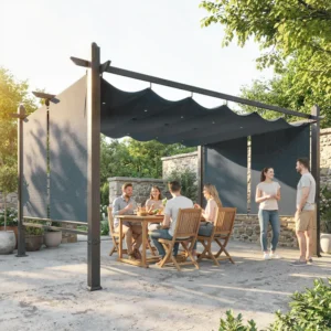 OutSunny 13'x10' Aluminium Garden Pergola with Retractable Roof Canopy and Roll-Up Sides - Dark Grey