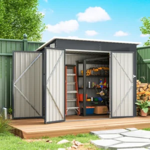 Outsunny 7.5' x 4.5' Double Hinged (Dual Entrance) Metal Pent Shed - Dark Grey