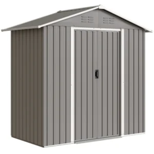 Outsunny 6.5ft x 3.5ft Apex Metal Shed with Sliding Doors - Light Grey