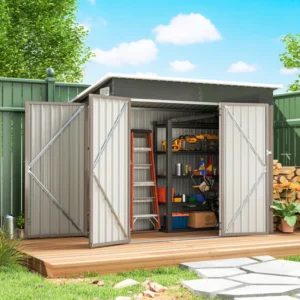 Outsunny 7.5' x 4.5' Double Hinged (Dual Entrance) Metal Pent Shed - Warm Light Grey