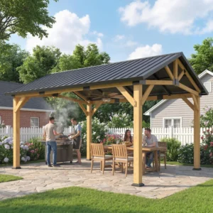 Outsunny 13'x 11' Hardtop Fir Wood Gazebo Canopy with Galvanised Metal Roof