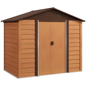 Outsunny 8ft x 6ft Metal Garden Shed with Brown Trim-  Brown Wood Effect